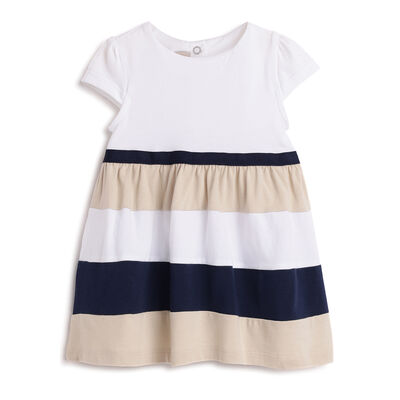 Girls White and Blue Solid Short Sleeve Dress